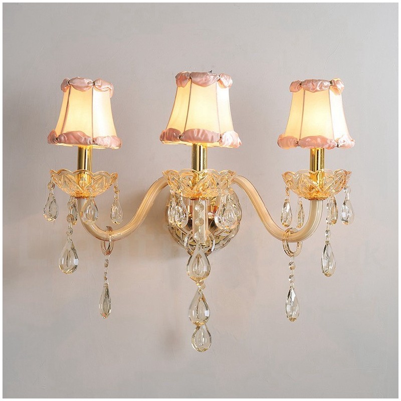 3-flammige goldene K9-Kristallkerzen-Wandleuchte im Retro-Stil aus Glas