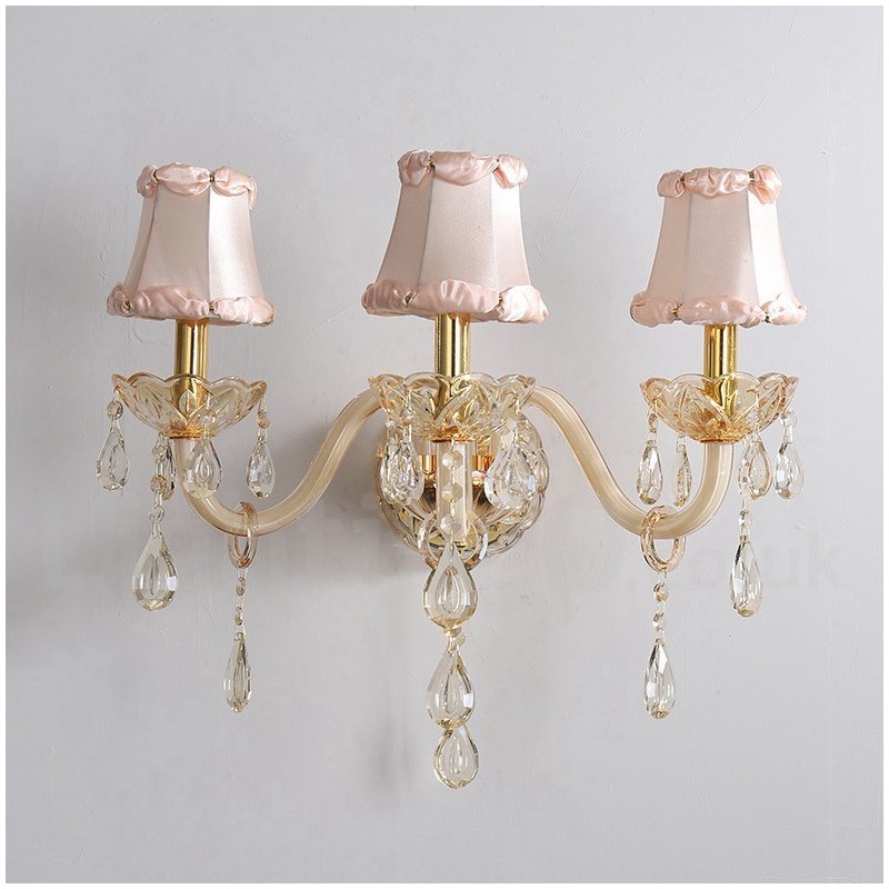 3-flammige goldene K9-Kristallkerzen-Wandleuchte im Retro-Stil aus Glas