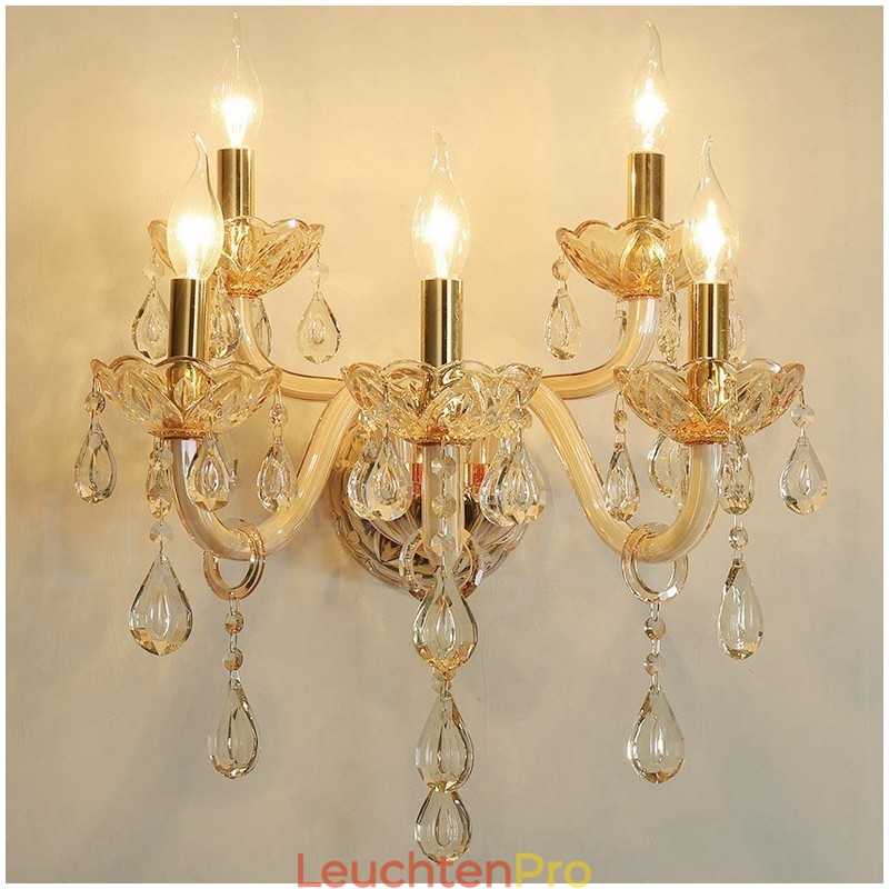 5-flammige goldene K9-Kristallkerzen-Wandleuchte im Retro-Stil aus Glas