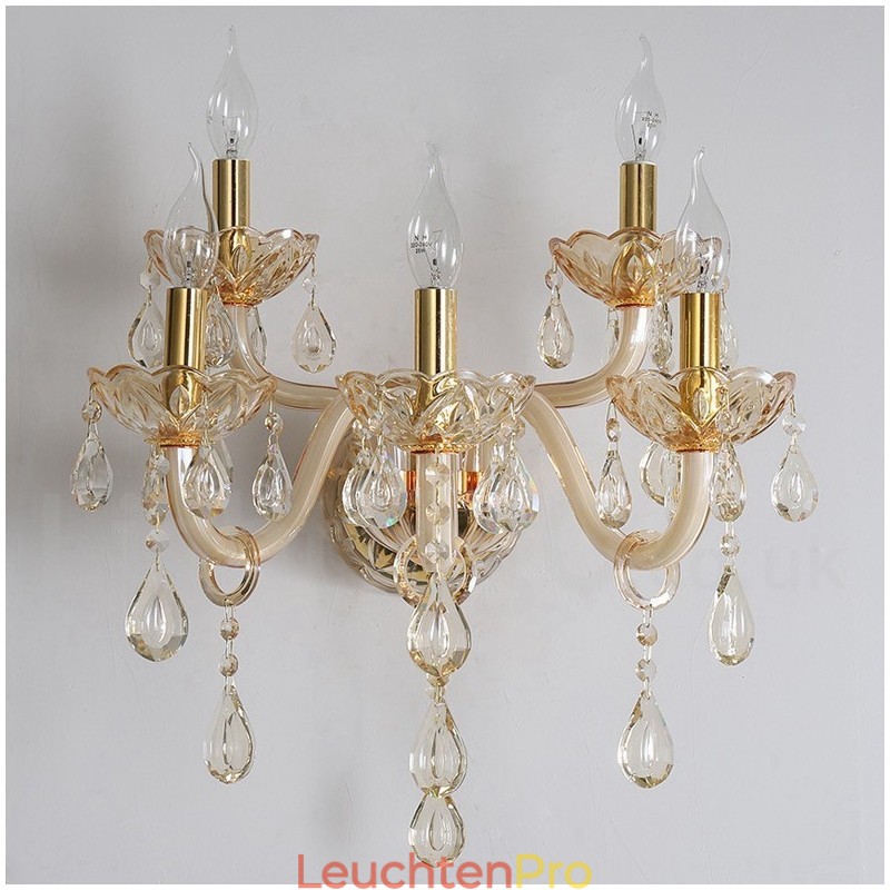 5-flammige goldene K9-Kristallkerzen-Wandleuchte im Retro-Stil aus Glas