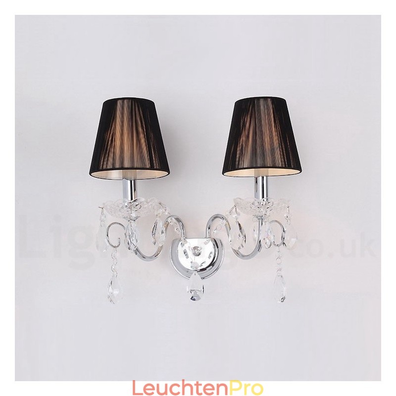2-flammige Wandleuchte aus chromsilberfarbenem K9-Kristall, Kerzenform, Retro-Glas, mit schwarzen Stoffschirmen
