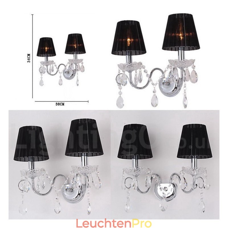 2-flammige Wandleuchte aus chromsilberfarbenem K9-Kristall, Kerzenform, Retro-Glas, mit schwarzen Stoffschirmen
