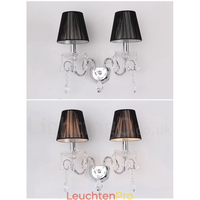 2-flammige Wandleuchte aus chromsilberfarbenem K9-Kristall, Kerzenform, Retro-Glas, mit schwarzen Stoffschirmen