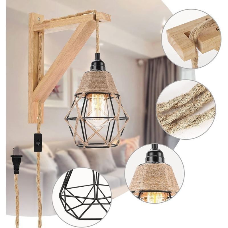 Hanfseil Eisen Kunst Wandleuchte American Pastoral Retro Wandleuchte mit Stecker