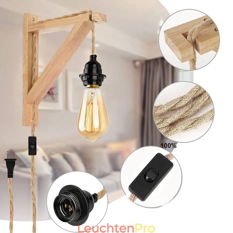 Massivholz Wandleuchte American Pastoral Retro Hanfseil Wandleuchte mit Stecker
