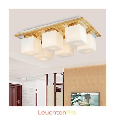 Deckenleuchte aus Eiche, sechs Lichter, Eiche und Glas, 220–240 V Deckenleuchte aus Eiche, sechs Lichter, Eiche und Glas, 220–240 V