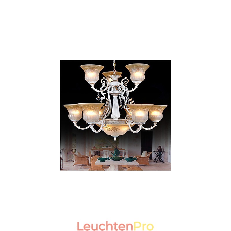 Weiß Kronleuchter Zwölf Lichter Muster Glas Schatten Hand Vergoldet Europäischen Retro