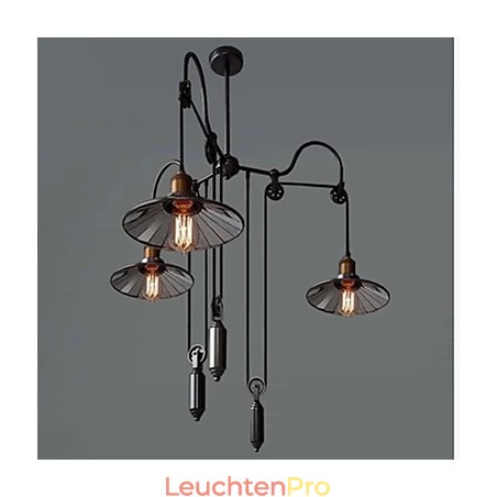 Vintage Pully Pendelleuchte 3 Insel Foyer Metall + Glas im Schirm Vintage Pully Pendelleuchte 3 Insel Foyer Metall + Glas im Schirm