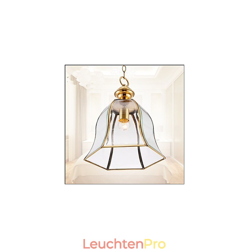 Kleine Pendelleuchte im amerikanischen Landhausstil, komplett aus Kupfer und einem Glas