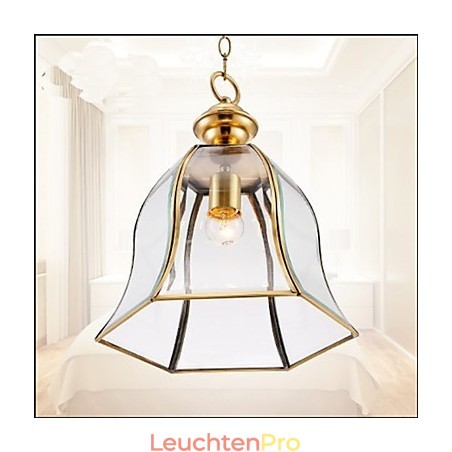 Kleine Pendelleuchte im amerikanischen Landhausstil, komplett aus Kupfer und einem Glas