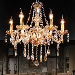 Bernsteinfarbener, eleganter Kristall-Kronleuchter mit 6 Lichtern für Zuhause