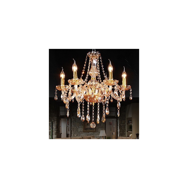Bernsteinfarbener, eleganter Kristall-Kronleuchter mit 6 Lichtern für Zuhause