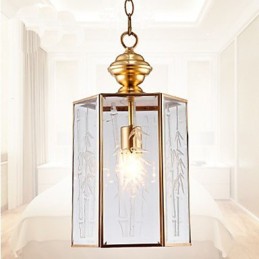 Kleine Pendelleuchte im amerikanischen Landhausstil, komplett aus Kupfer und einem Glas